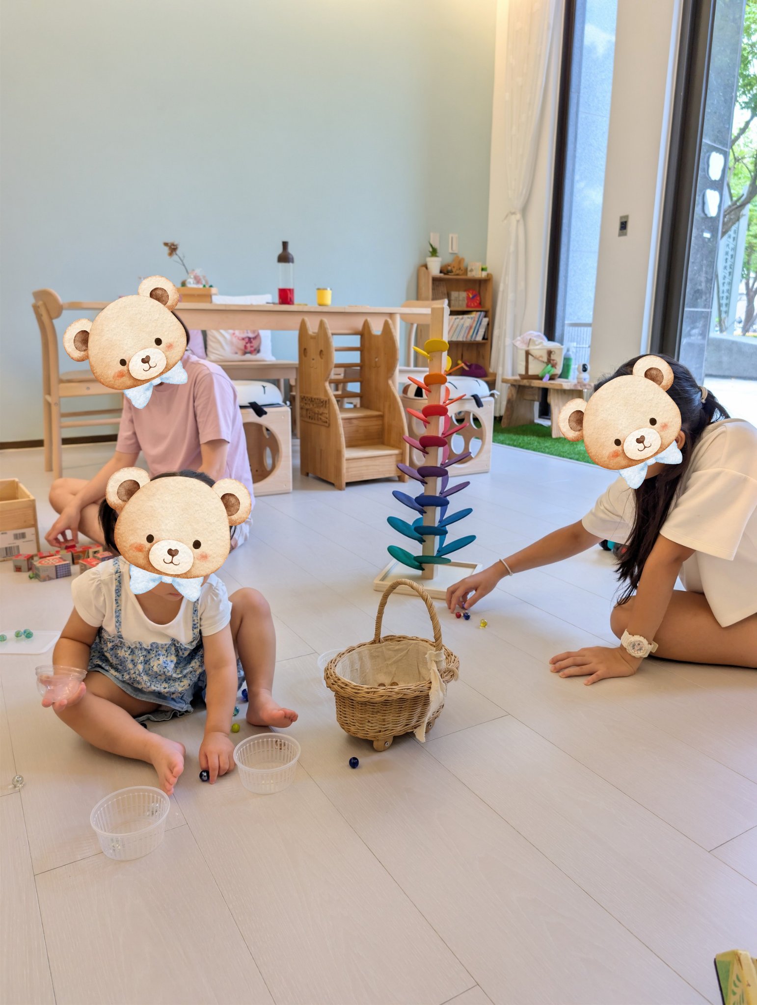 play with me moment mixed age play flower music tree sound play blocks marble family together in home vibe space