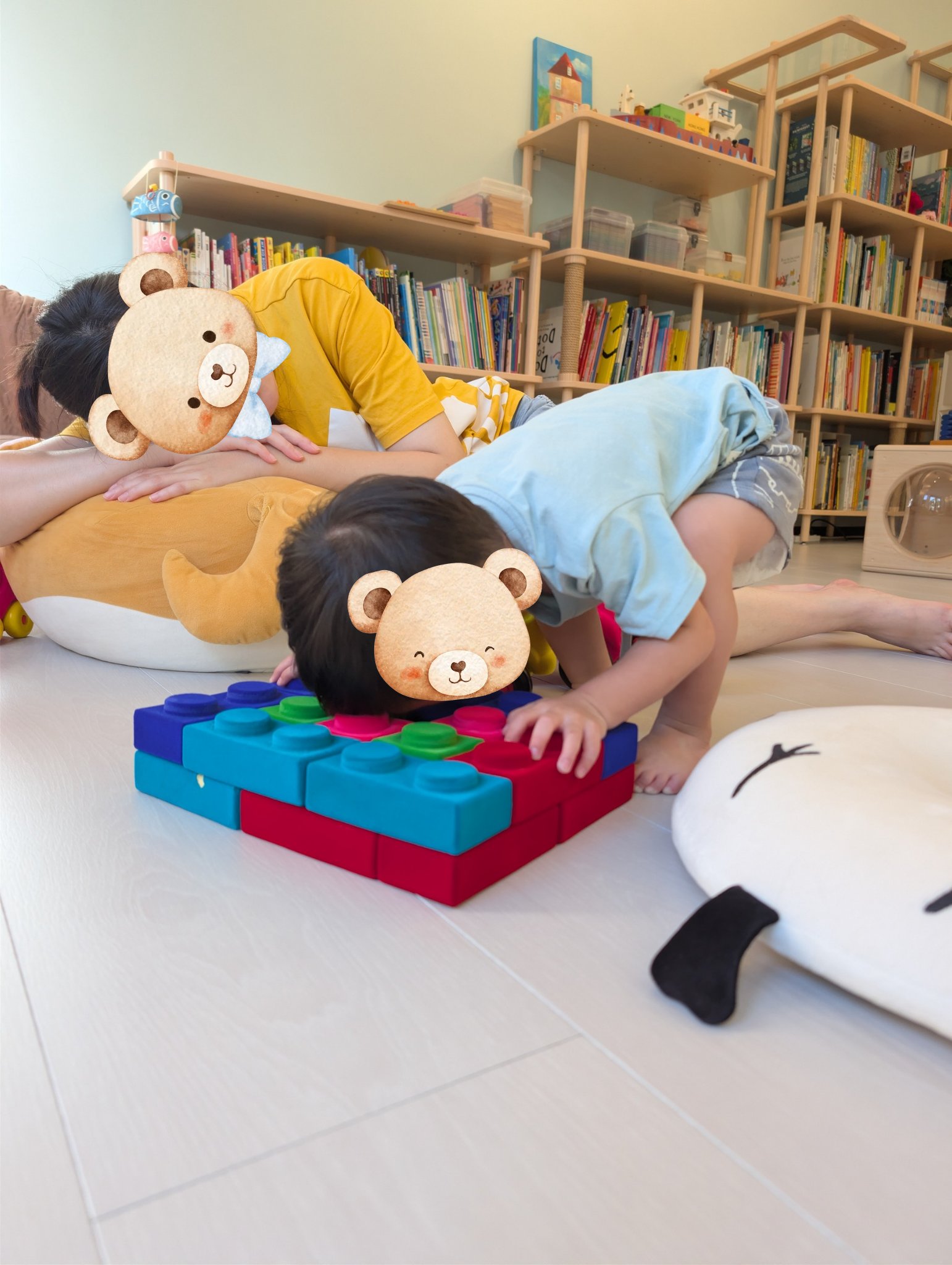 play with me moment mother and son rubbabu natural latex blocks gross motor building cozy atmosphere peaceful