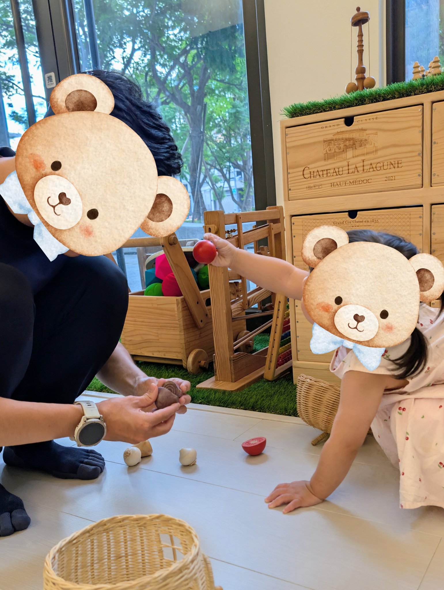 play with me moment parenting father daughter having fun together loose parts basket play fine motor heuristic play